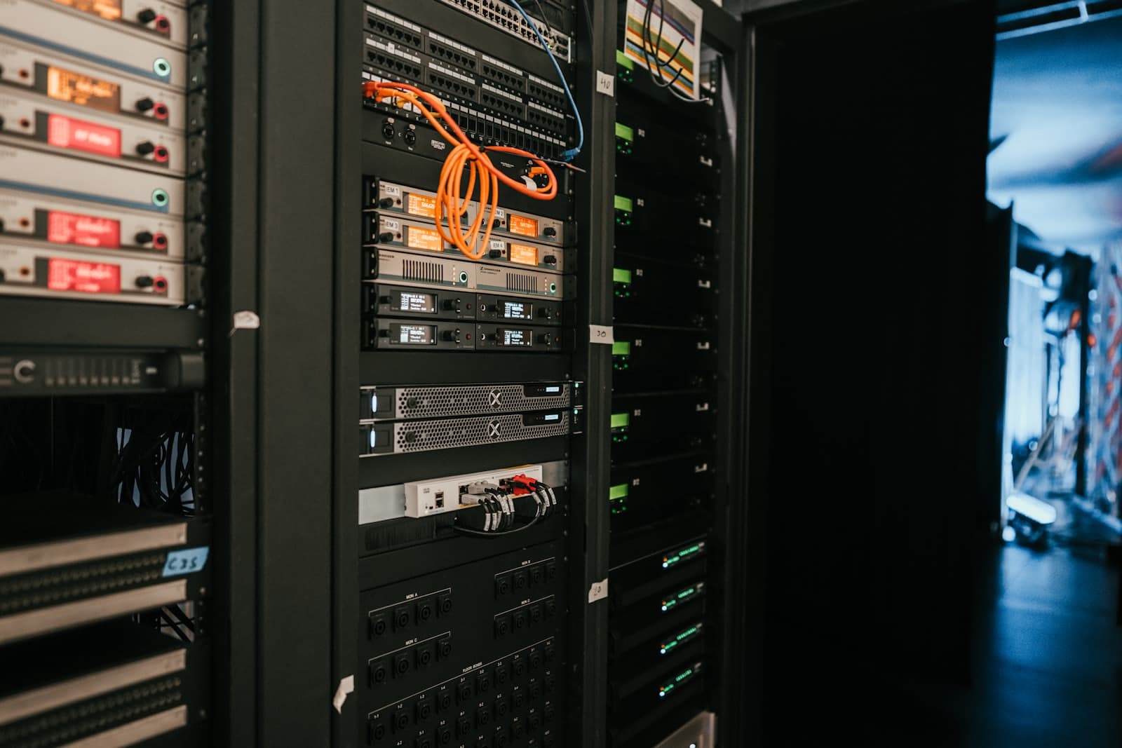 A rack of servers in a server room