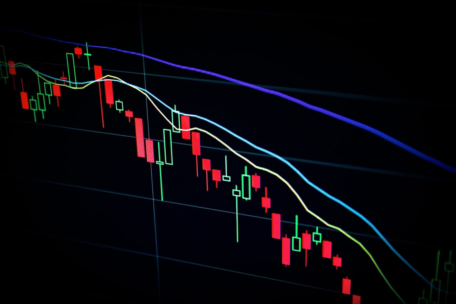 Stock market candlestick chart on dark screen
